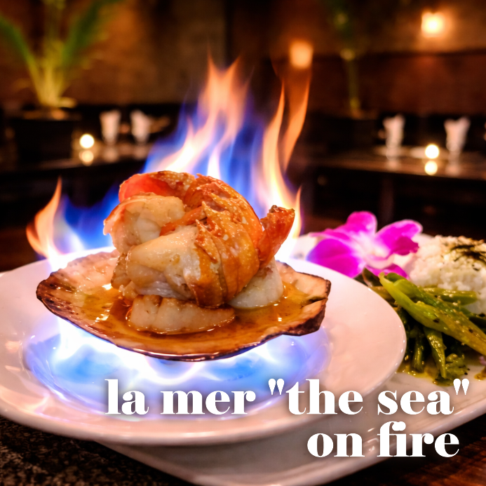 seafood on fire, lobster, scallops, shrimps, teriyaki, sushi, asparagus