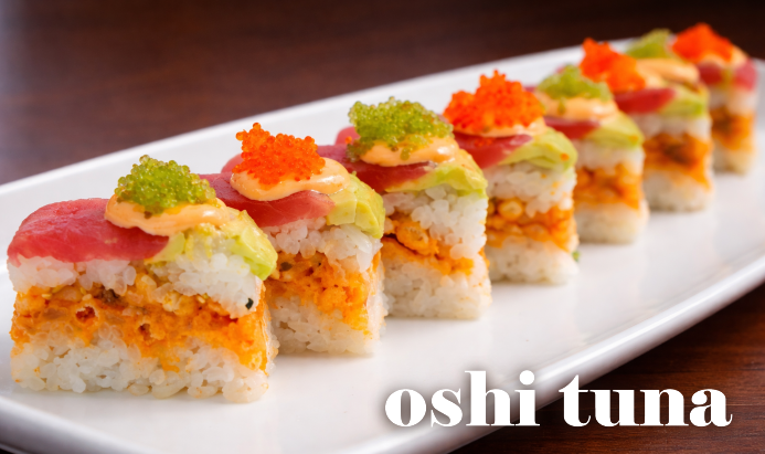 Fresh sushi rolls at Typhoon Asian Bistro Back Bay Boston oshi tuna, no nori sushi best sushi